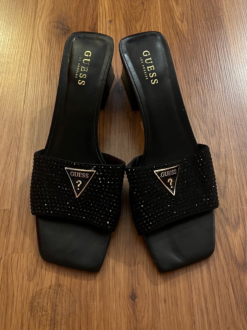 GUESS Black Rhinestone Logo Square Toe Block Heel Mules Women’s 11M